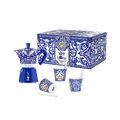 Set Moka Express Blu Mediterraneo 6 tz, 3 bicchierini di porcellana e 3 palettine argentate