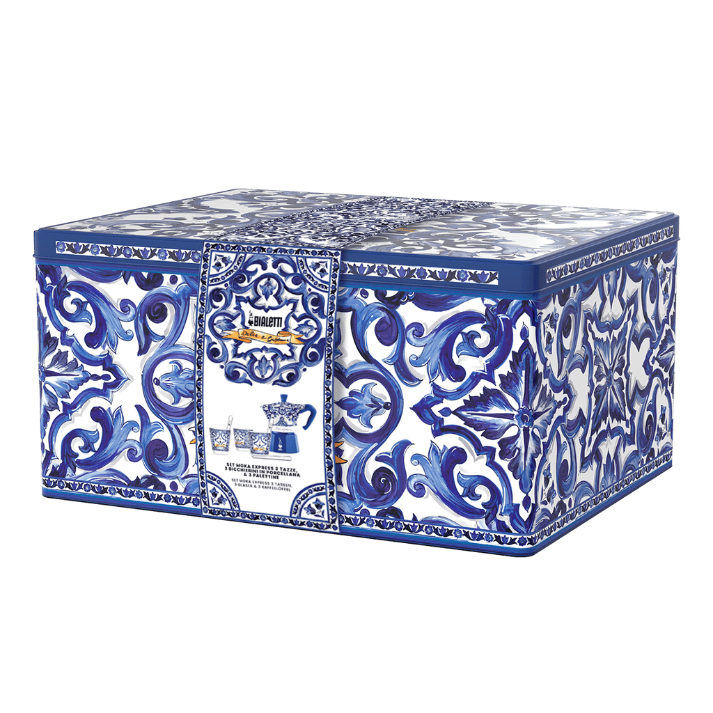 Set Moka Express Blu Mediterraneo 3 tz, 3 bicchierini di porcellana e 3 palettine argentate